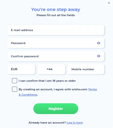 Inregistrare pe Wish Casino