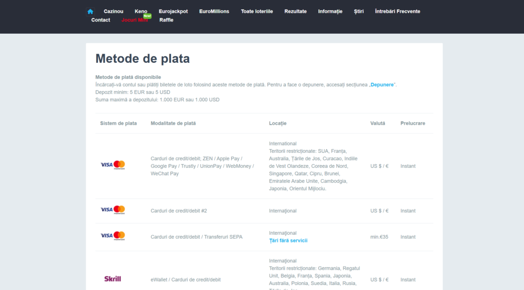 Metode de plată la Loteria Lottomat 